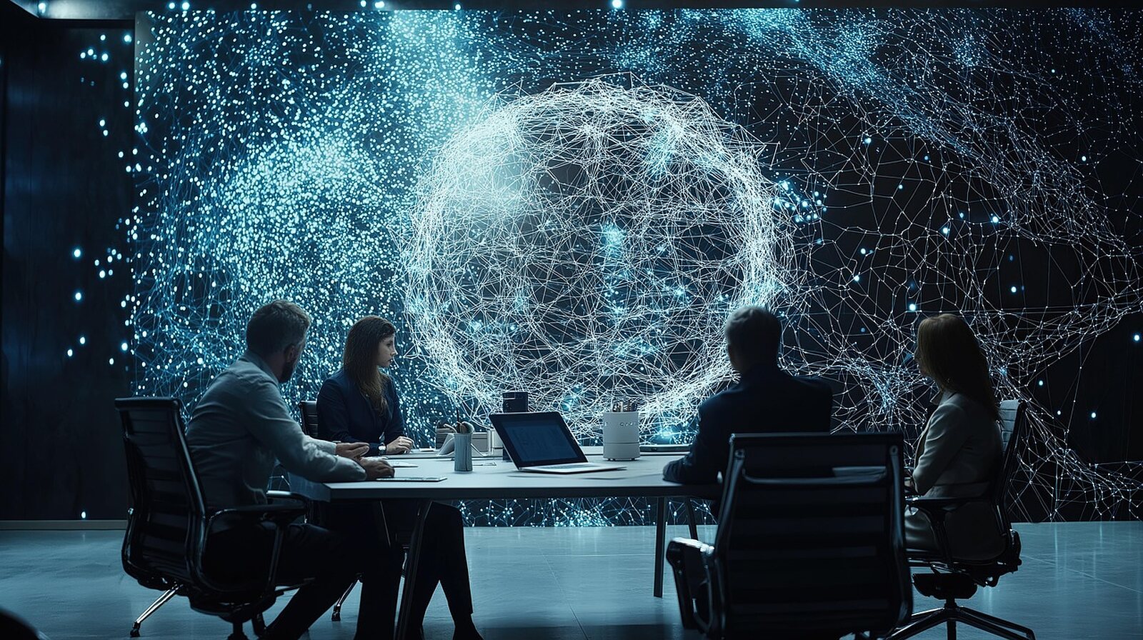 A team around a table with a holographic globe above it.