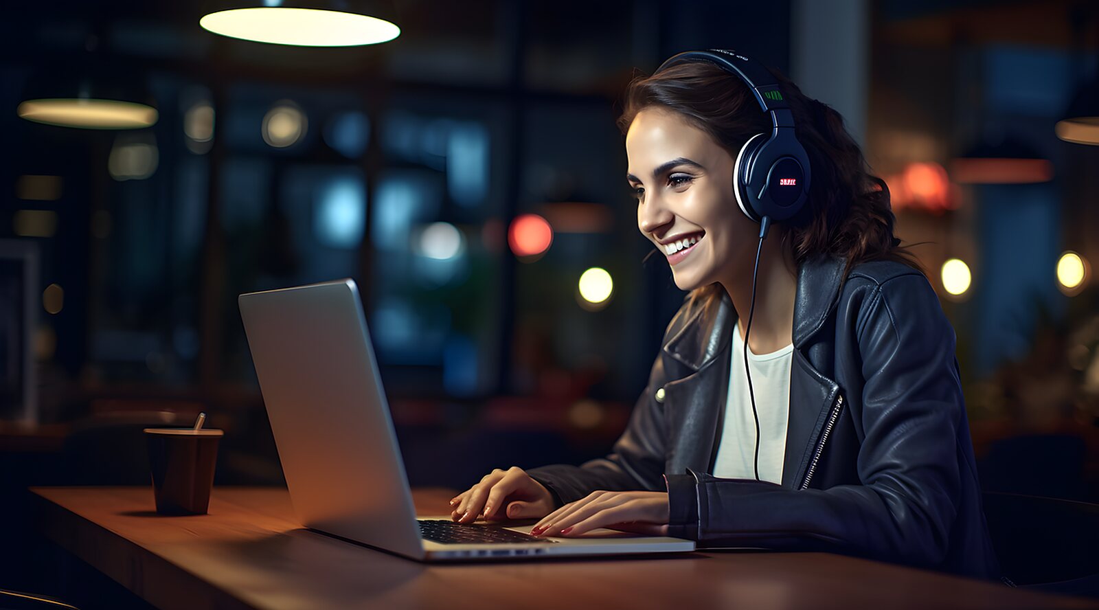 A woman wearing a headset, talking at her laptop in an office in the evening.
