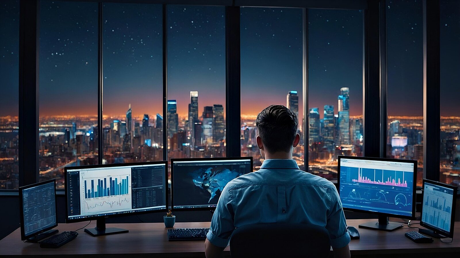 A man at his desk in front of several monitors, with the city at night in the background.