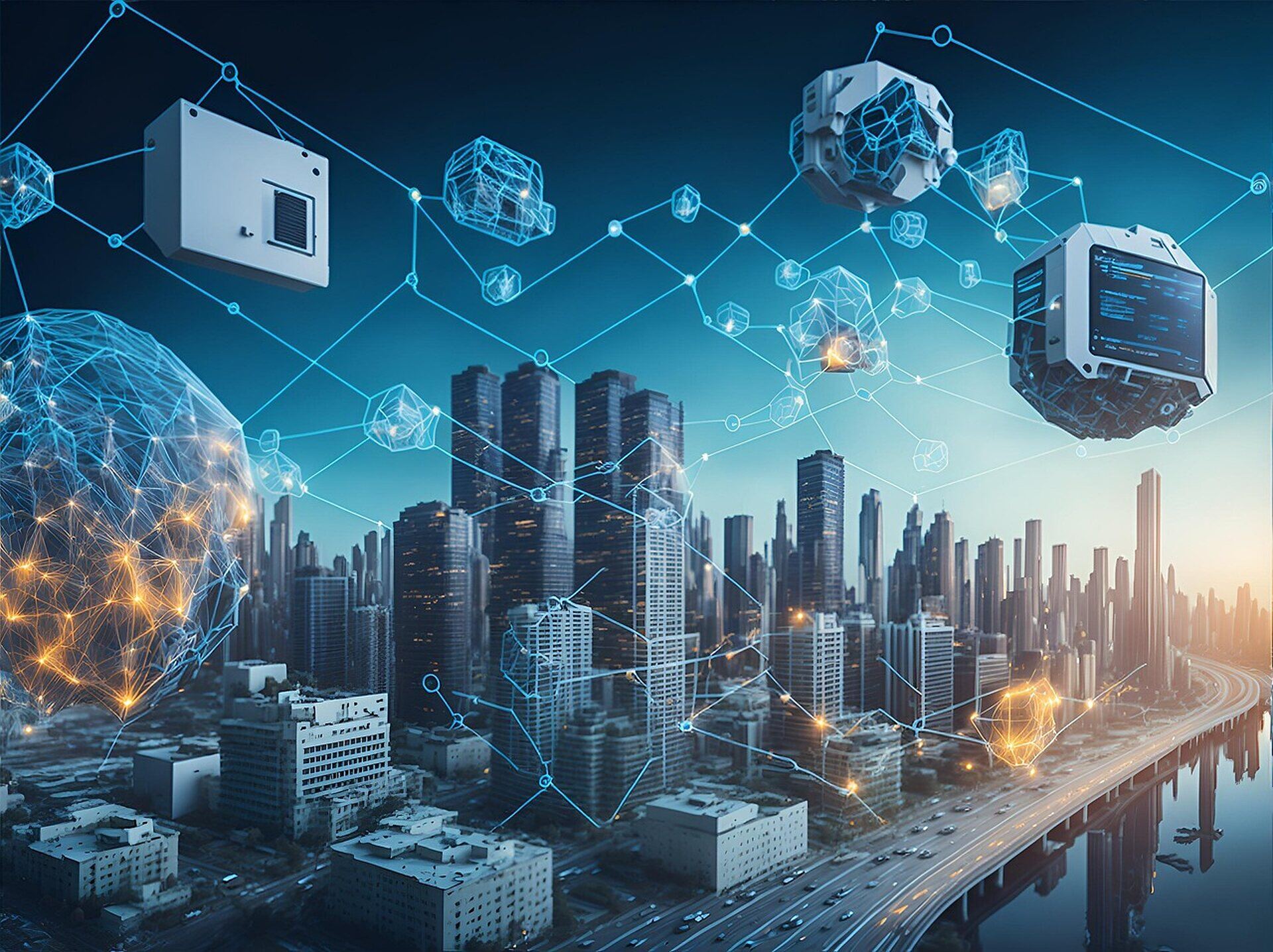 A modern city covered by a cyan digital network.