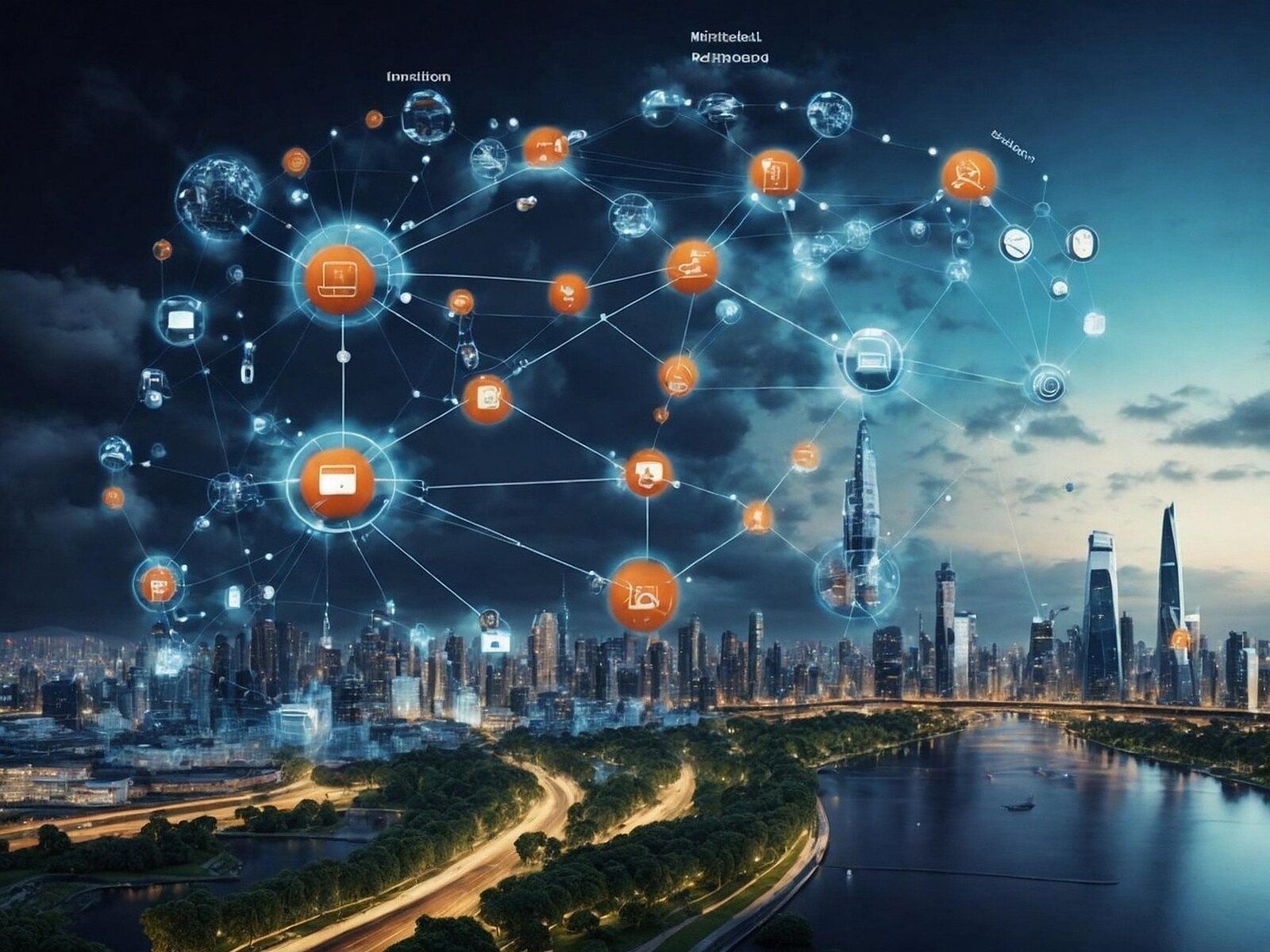 A city connected by a network of digital icons.