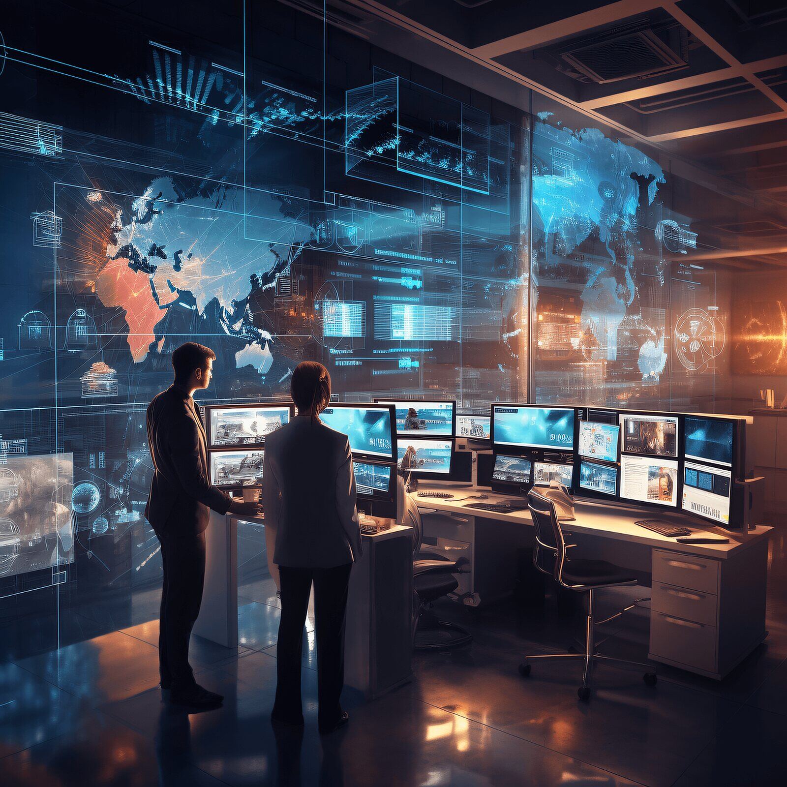 A team in a control room with an illuminated world map.