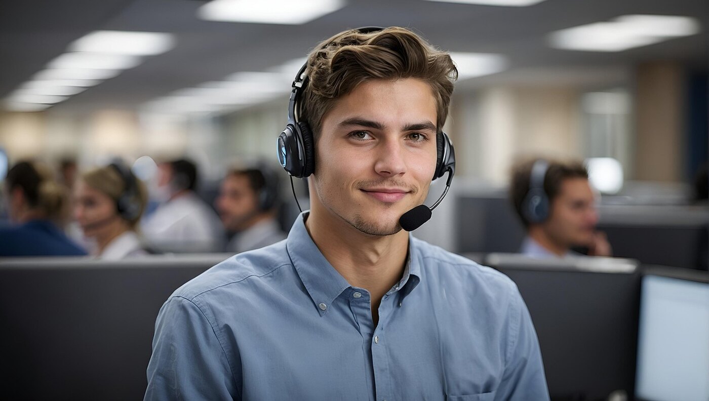 A smiling young man with a headset and microphone, in a call center.