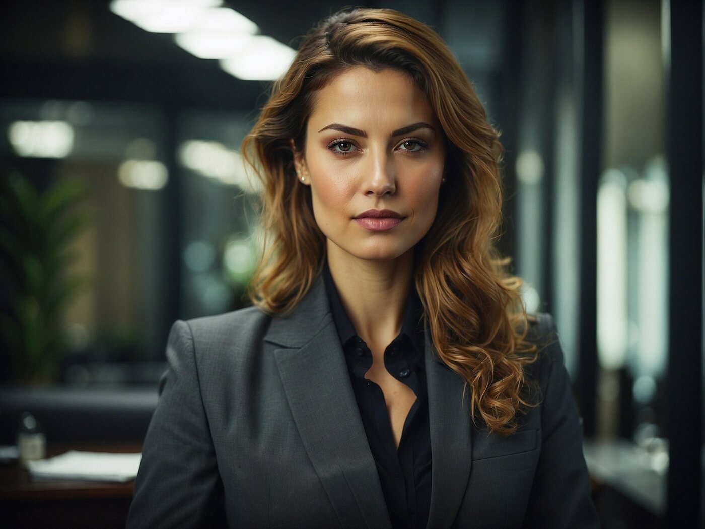 A businesswoman with long wavy hair, in a gray blazer, in an office.