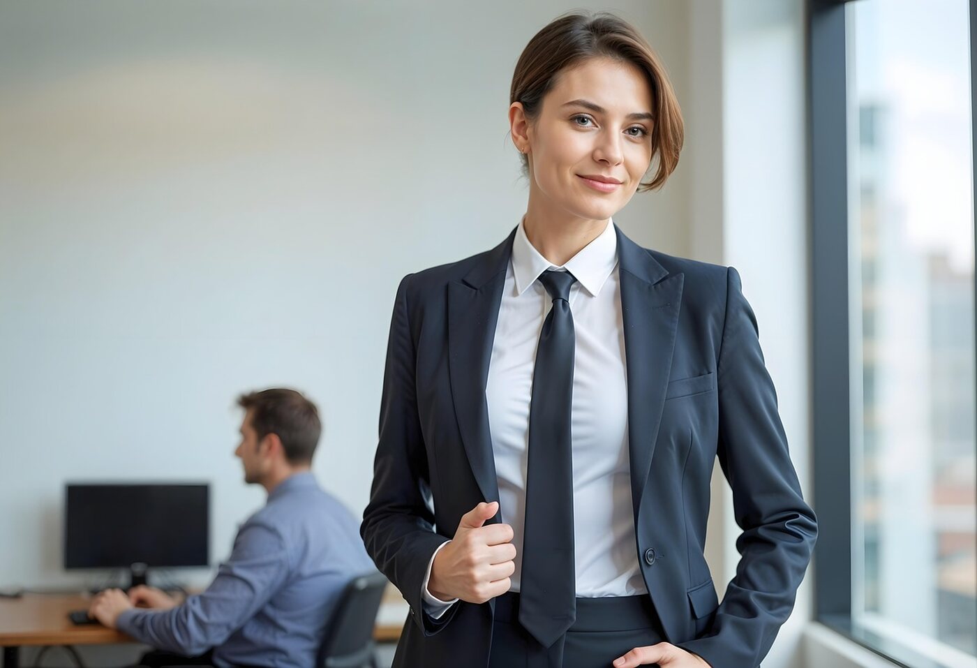 A businesswoman in a suit, in a bright office.