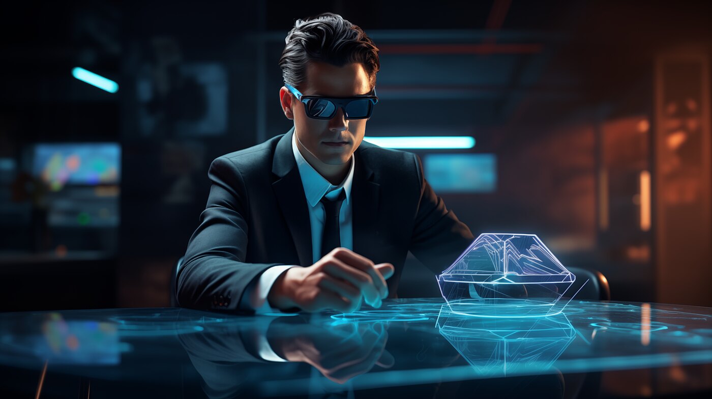 Businessman at a desk with a holographic interface.