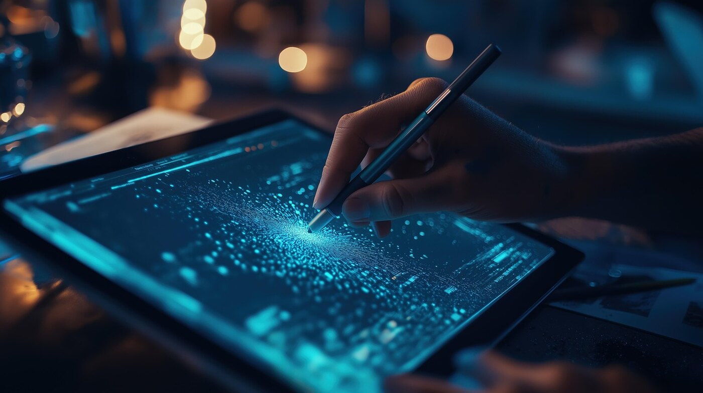 A hand working with a stylus on a tablet with a holographic interface.