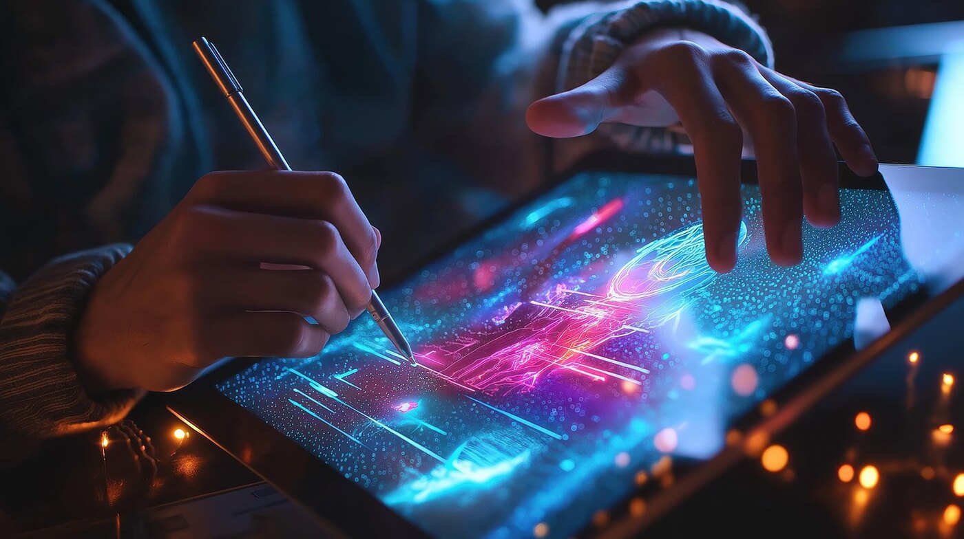 Hands drawing on a tablet with a holographic interface.