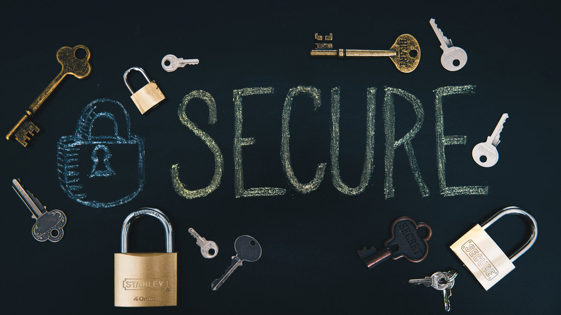 Padlocks and keys around the word SECURE, written in chalk.