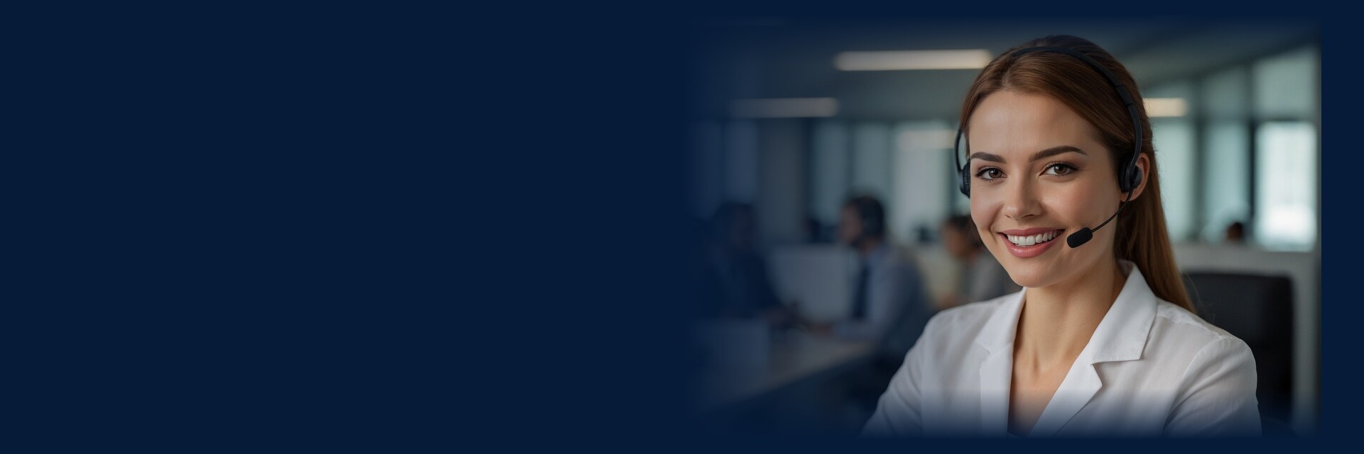 AI voice agent for your business phone: a smiling operator with a headset and microphone, in an office.