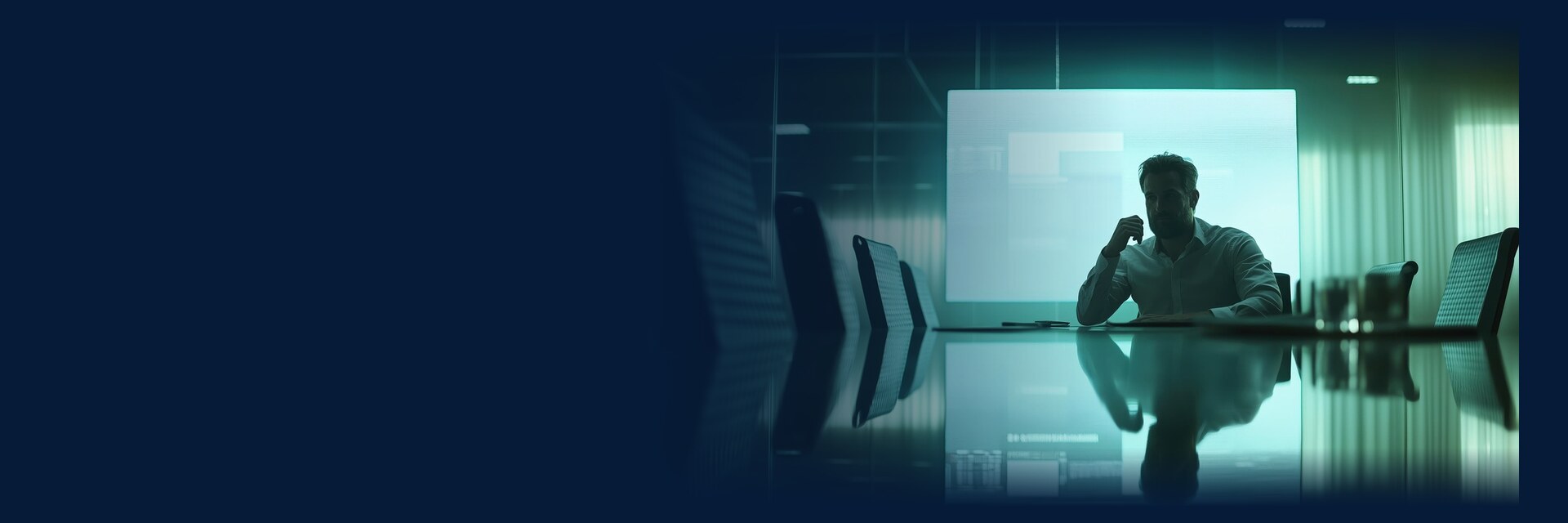 Business automation add-ons: a businessman at a meeting table, in front of a bright screen.