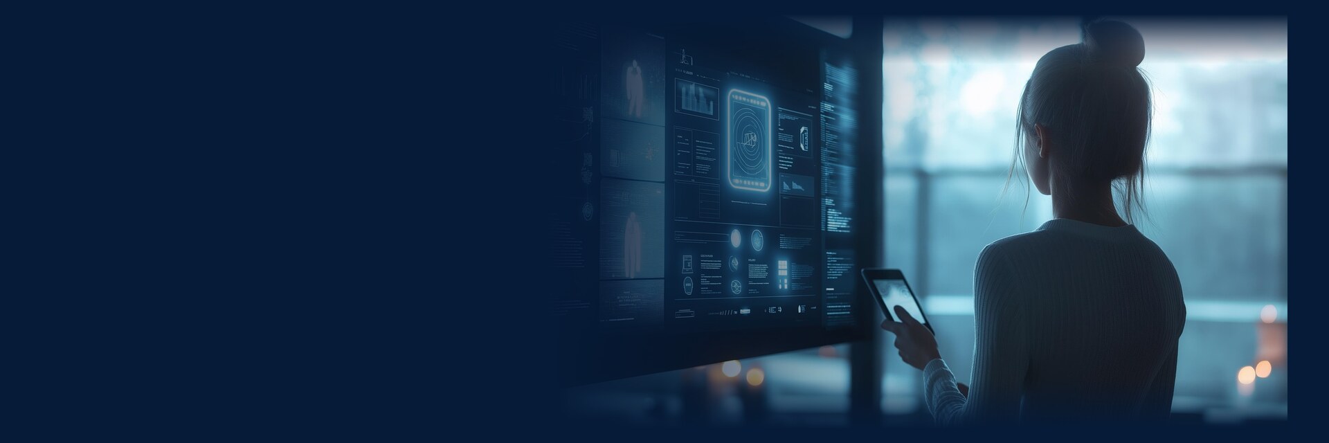 AI chatbot for your business website: a woman using her phone next to a large screen, in the evening.