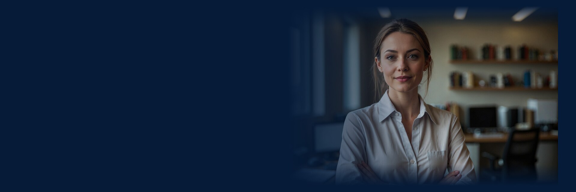 A smiling businesswoman in an office.