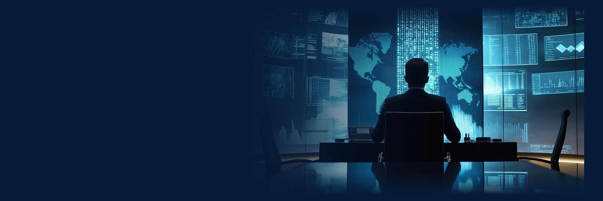 How we work: a businessman at his desk in front of large screens with maps and data.