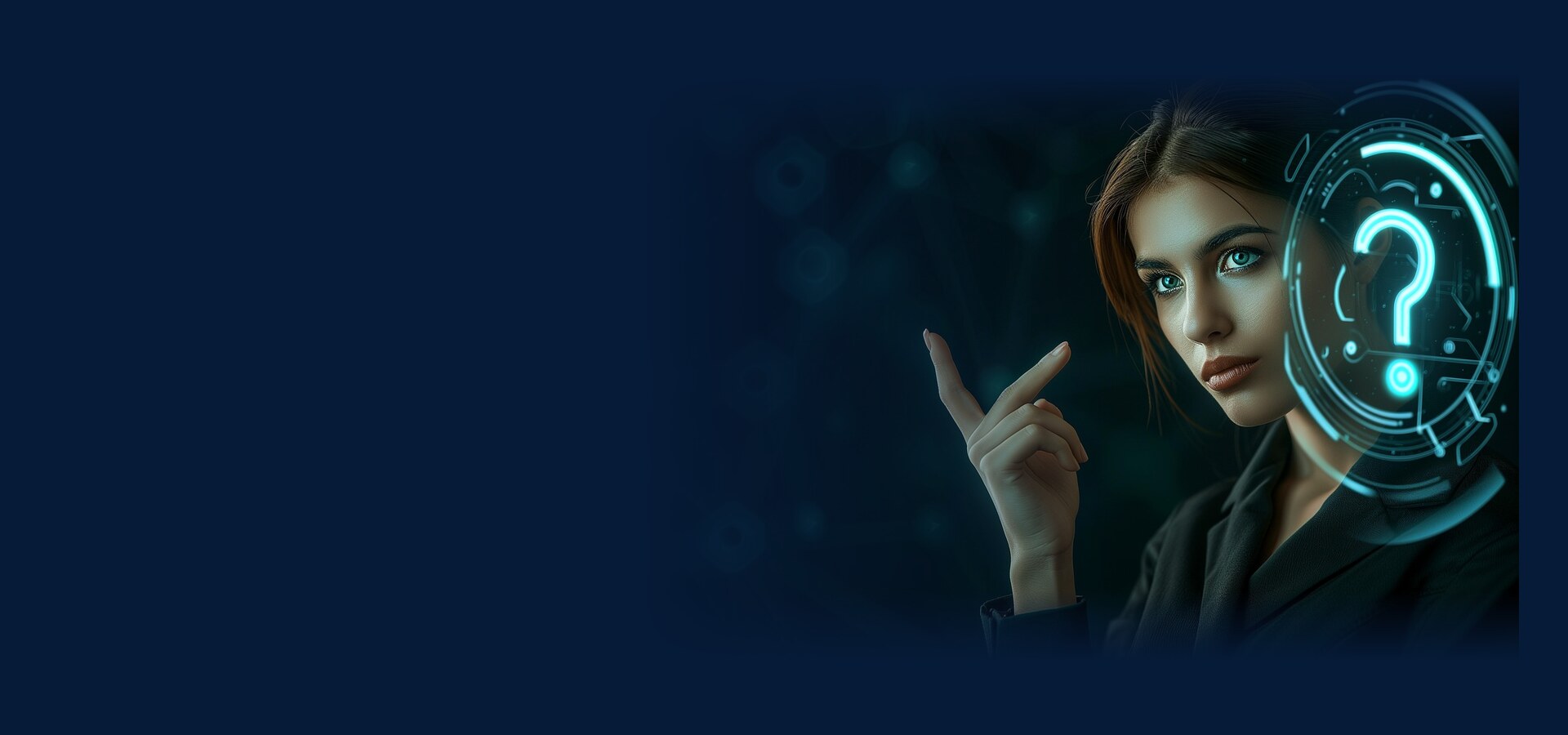 AI website for your business: a businesswoman pointing to a glowing digital question mark.