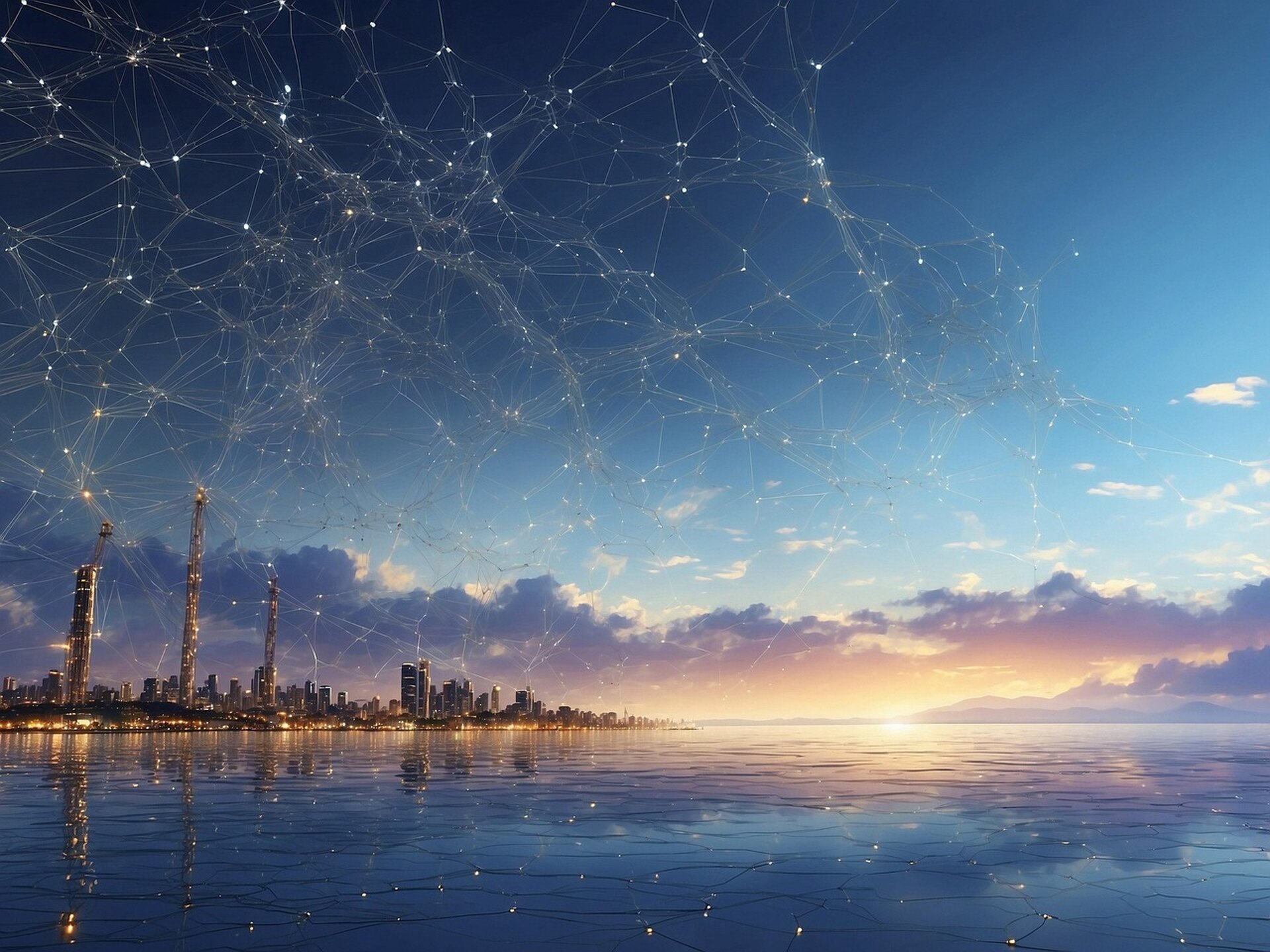AI website pricing and AI services: a glowing digital network above a seaside city at sunset.