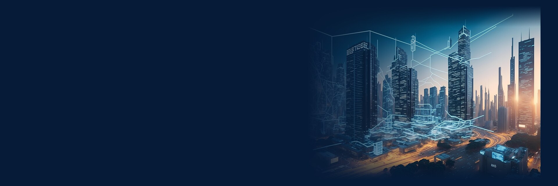 Get your business recommended by ChatGPT and AI assistants: a modern city at night, with a digital data network above the buildings.