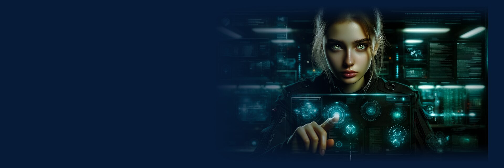 Digital employee for your business: a young woman working on a glowing digital panel in a room full of screens.