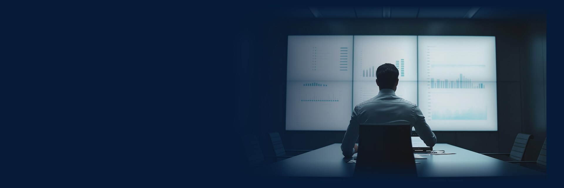 Custom software development for your business: a businessman in front of a wall of screens showing charts.