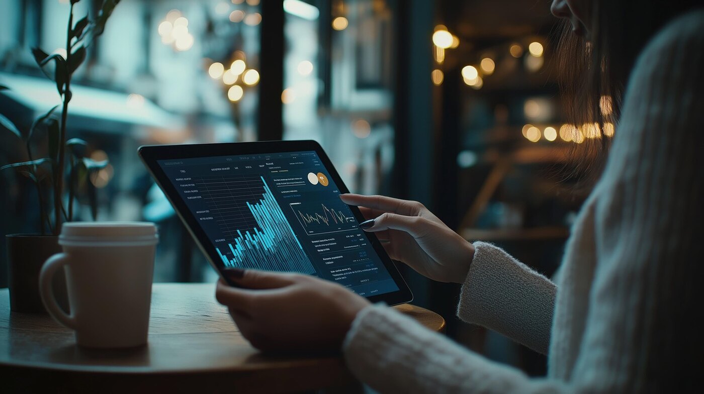 Hands working on a tablet showing charts, next to a cup of coffee.