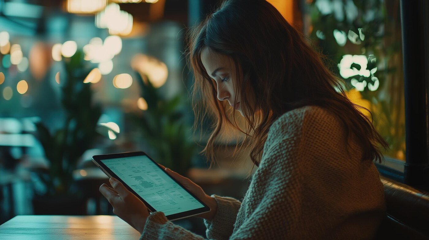 A woman reading on a tablet in a café, in the evening.