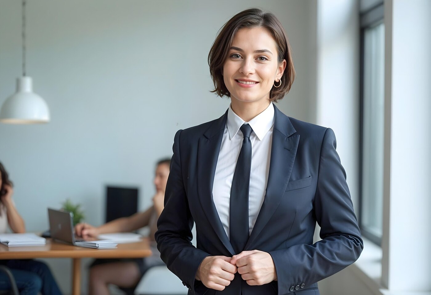 A smiling businesswoman in a suit, in a bright office.