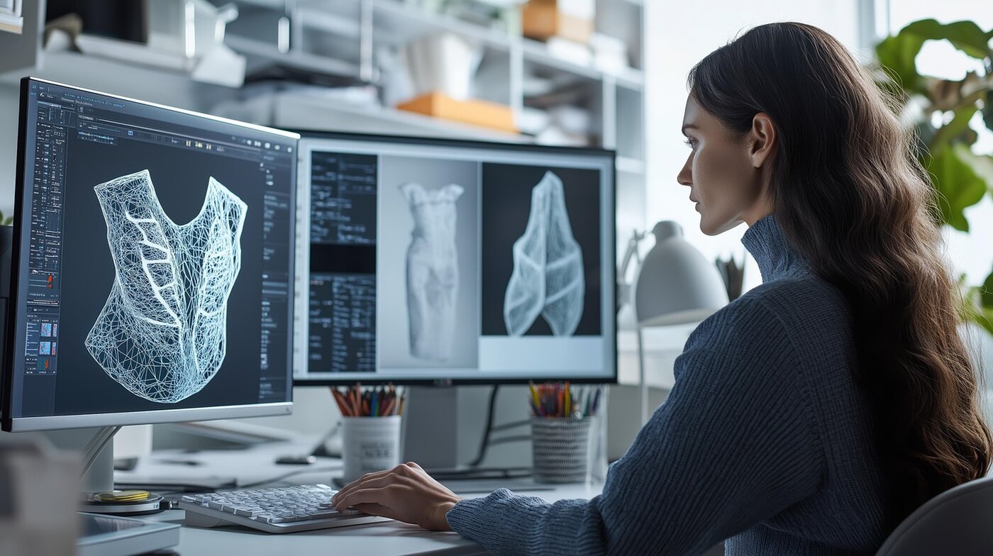 A woman working at two monitors showing 3D models.