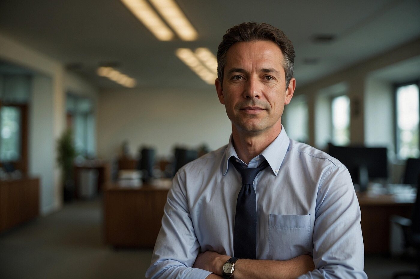 A smiling businessman with his arms crossed, in an office.