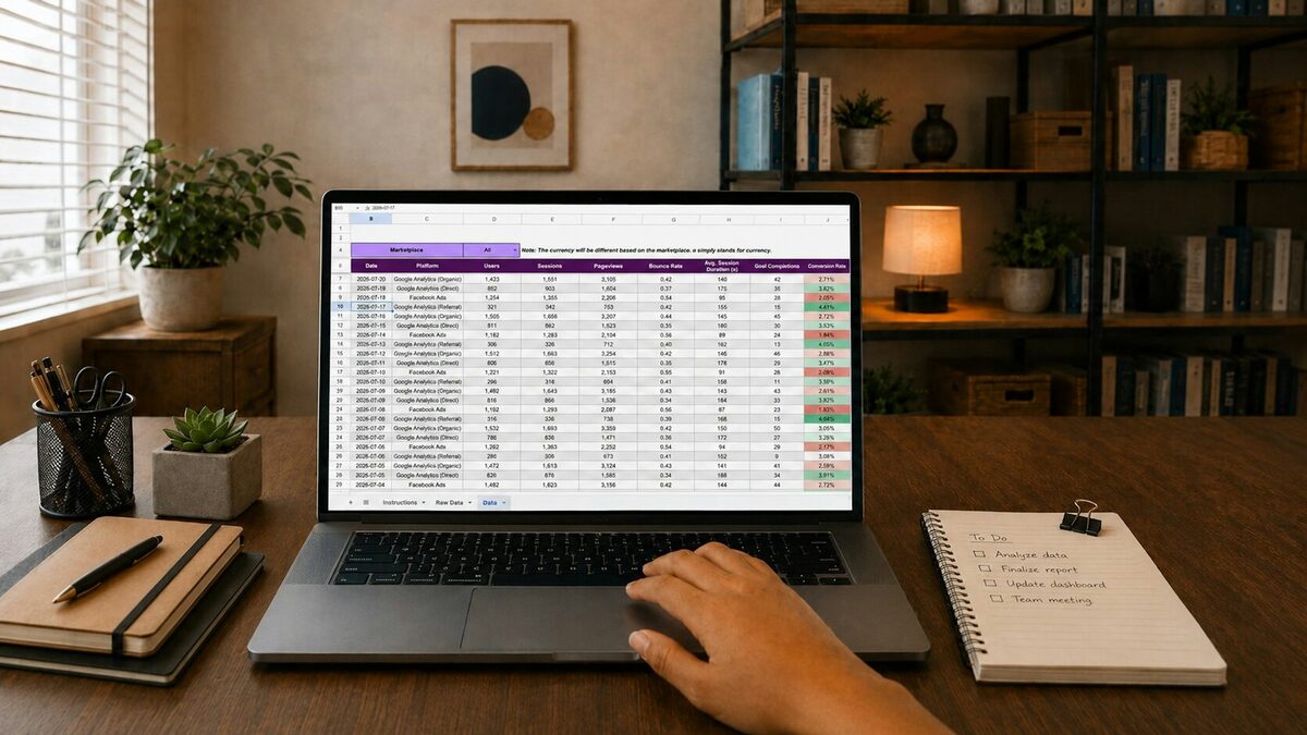 Laptop cu un tabel Excel cu formatarea condiționată aplicată, rânduri marcate automat cu verde și roșu