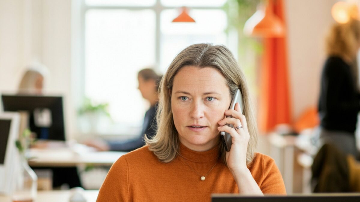 Femeie la birou care vorbește la telefon, ca într-o convorbire cu un agent vocal AI