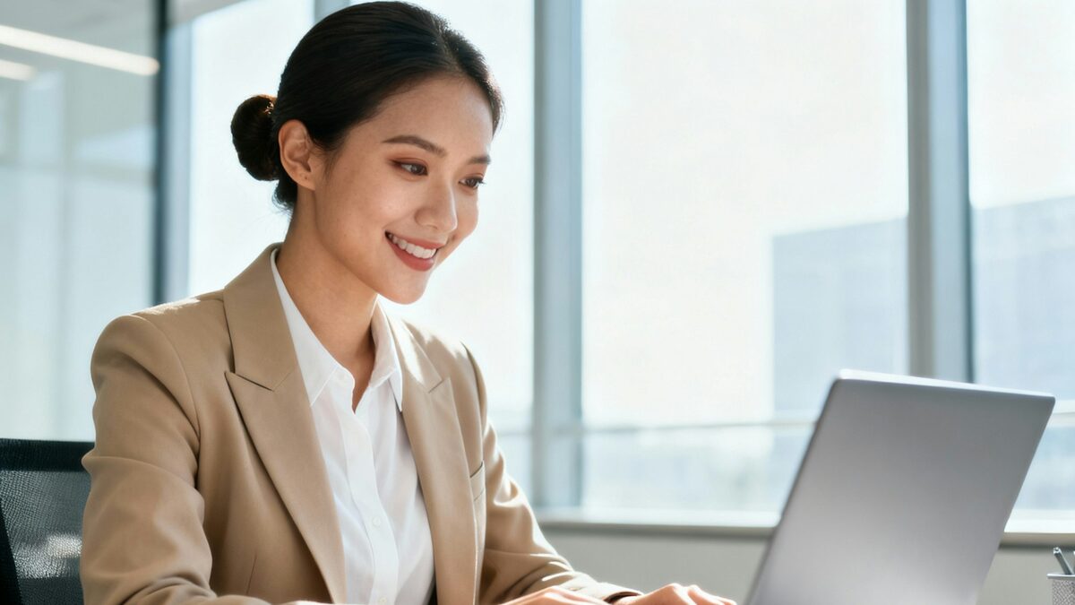 Antreprenoare zâmbitoare care lucrează la laptop în birou, la primii pași cu AI în firmă