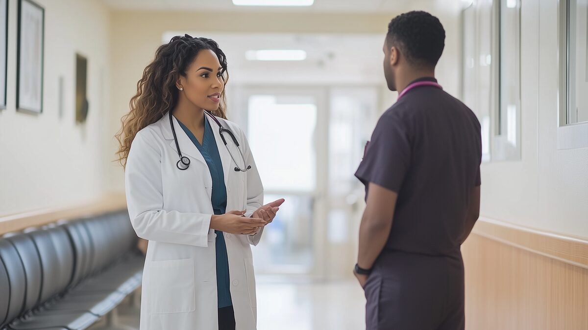 Doctoriță pe holul spitalului, cu telefonul în mână, care discută cu un coleg programul turelor