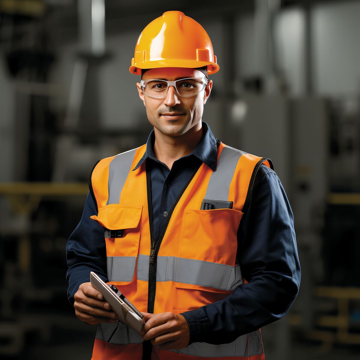 Meseriaș cu cască de protecție și vestă reflectorizantă care ține o tabletă, pentru firme de construcții și meseriași