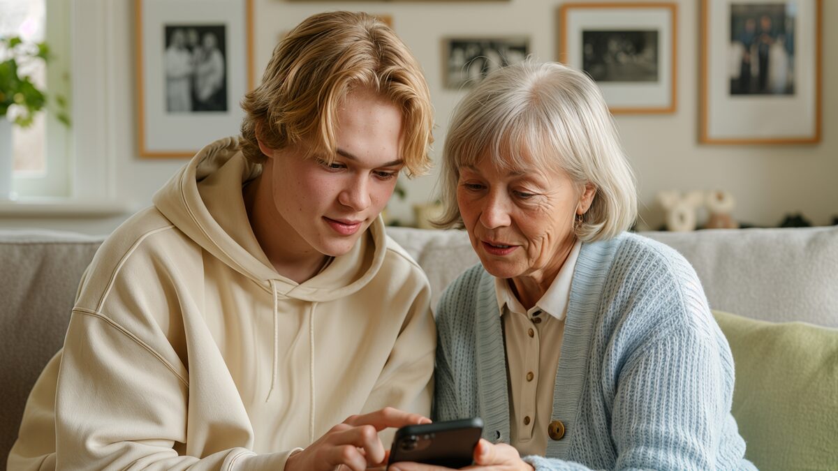 Nepot care îi arată bunicii pe telefon primul asistent AI pentru un vârstnic, cu modul vocal pornit
