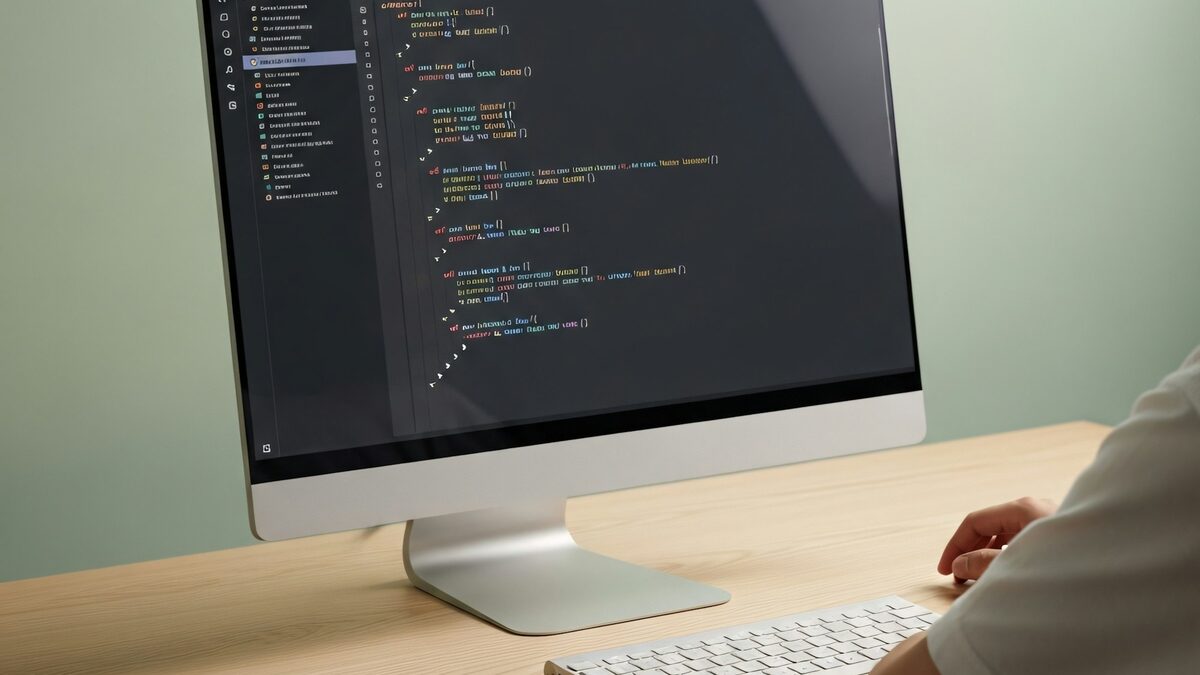 Programator care scrie codul unui site pe un monitor mare, ca la un site în cod propriu sau pe WordPress