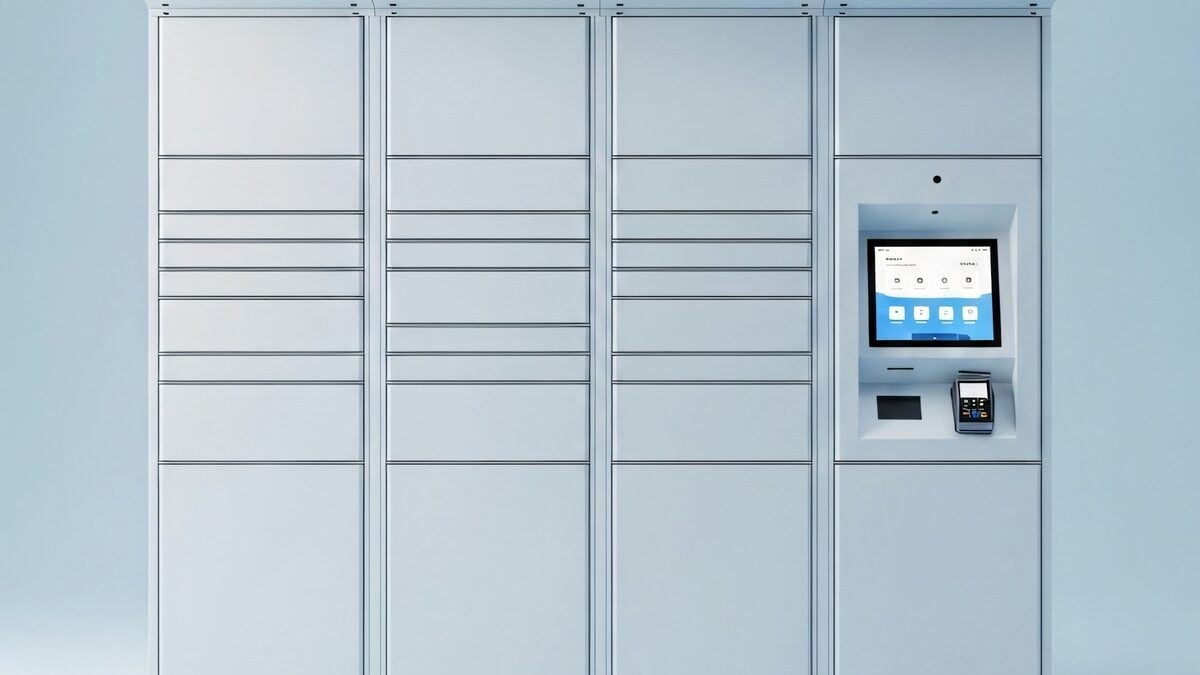 Locker de colete cu mai multe uși și ecran tactil, ilustrând cum funcționează easybox și lockerele