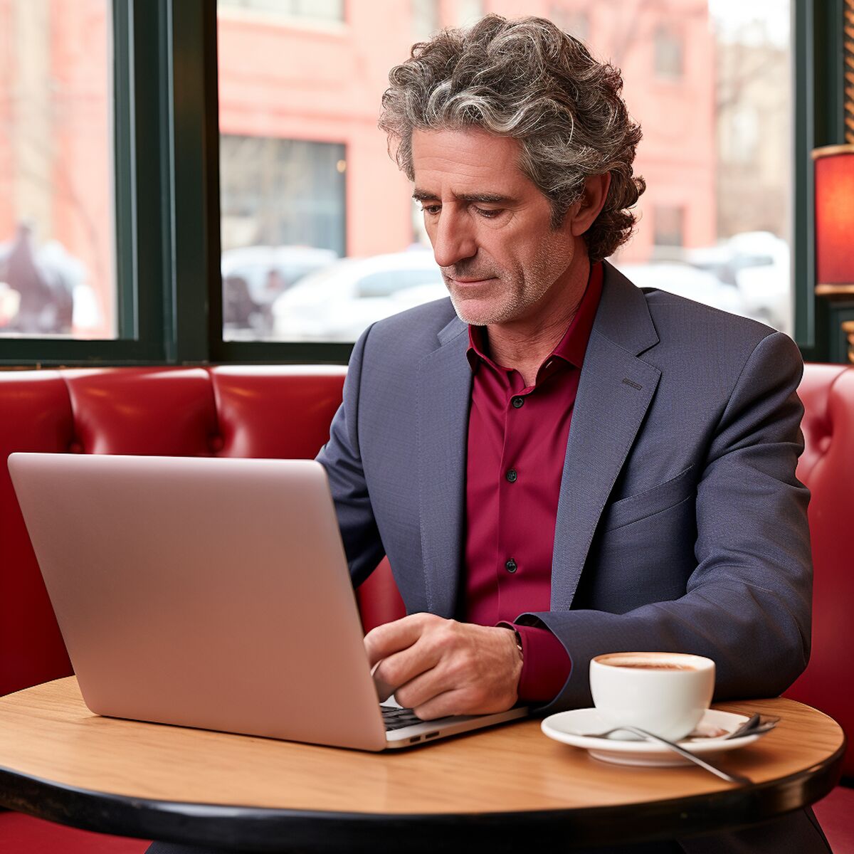 Bărbat la laptop într-o cafenea care scrie articole pe site-ul firmei