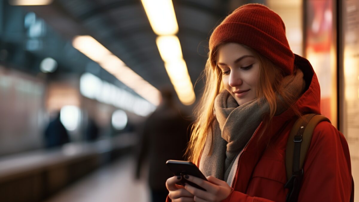 Tânără în gară care exersează pe telefon cum înveți engleza cu ChatGPT, în drum spre serviciu