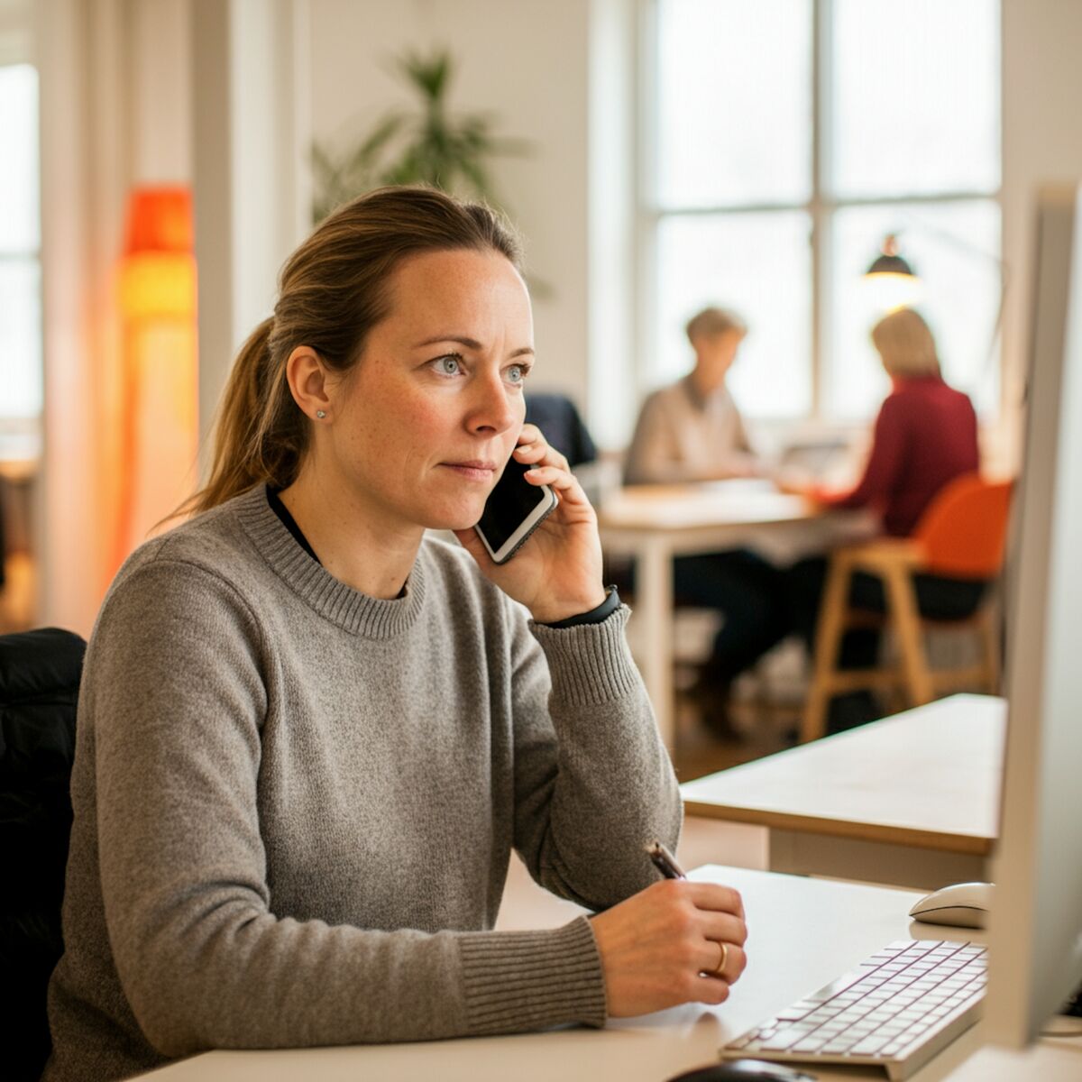 Femeie la birou care vorbește la telefon cu un client venit prin butonul de WhatsApp și de apel de pe site