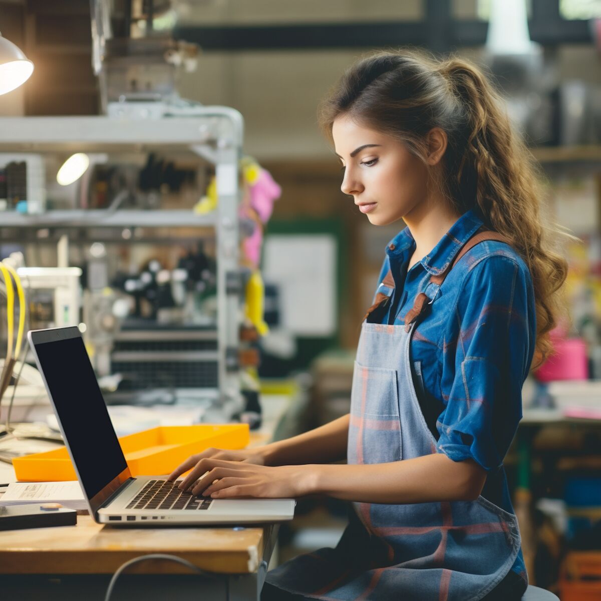 Meșteșugăreasă în atelier care scrie la laptop o ofertă de preț cu ChatGPT